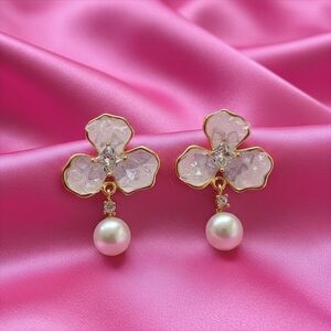 Freshwater Pearl S925 Needle Gold Pink Floral Drop Earrings with Crystal Accents